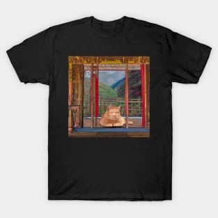 Eckhart Tolle Zen Master Cat On a Temple Terrace Overlooking Mountains T-Shirt